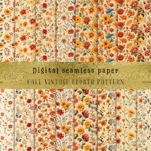 May include: A set of 12 digital seamless paper patterns featuring vintage fall flower designs in shades of red, orange, yellow, and blue on a cream background. The patterns are 12 inches by 12 inches and are available as JPG files for instant download.