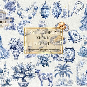 May include: Blue and white Islamic themed clipart graphics. The set includes a mosque, a couple, a prayer beads, a lantern, a tree, a flower arrangement, a book, a plate of food, a tea set, a sheep, and a palm tree.