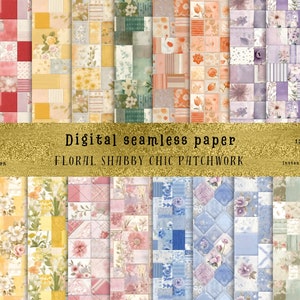 Pode incluir: Um conjunto de 12 padrões de papel digital sem costura com designs florais shabby chic em patchwork em várias cores, incluindo rosa, azul, amarelo e verde. Cada padrão mede 30,48 cm por 30,48 cm e está disponível como arquivo JPG para download digital instantâneo.