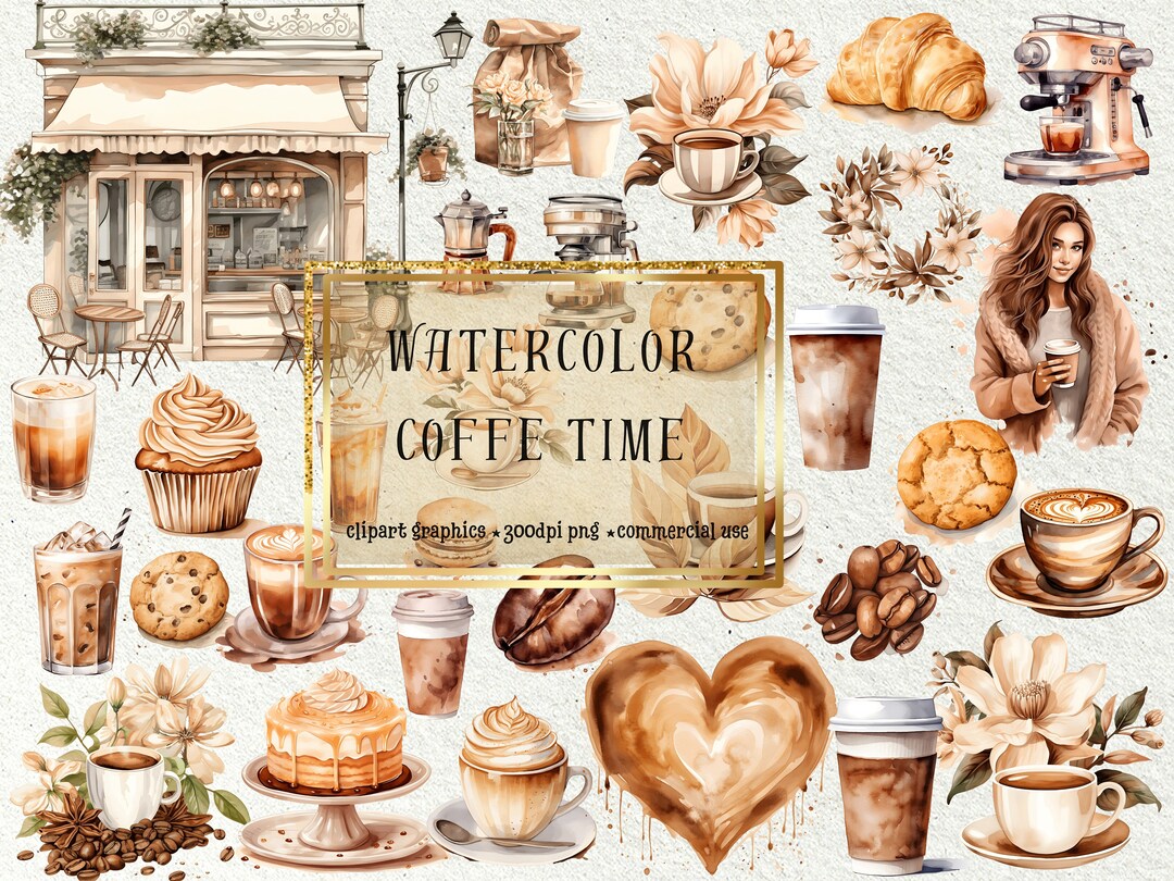 Watercolor Coffee Clipart Set – 30 PNG Images + Bonus Pattern ...