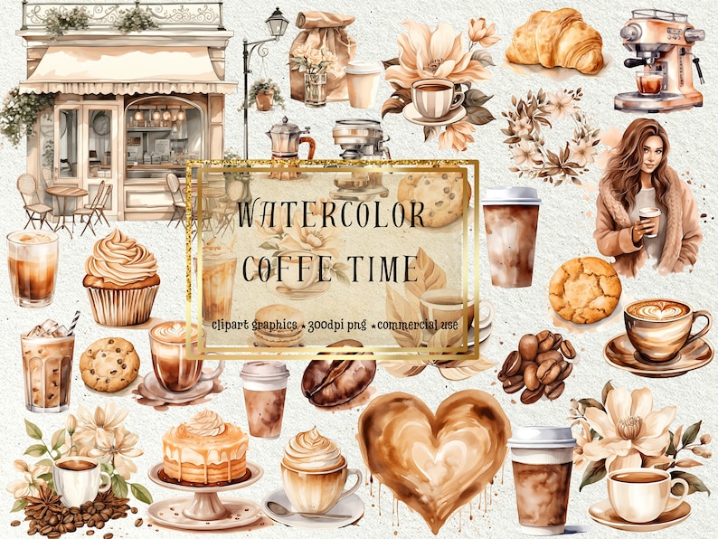 Watercolor Coffee Clipart Set – 30 PNG Images + Bonus Pattern ...