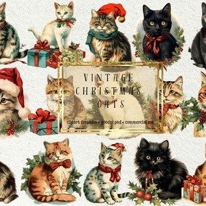 vintage Chats de Noël PNG, Clipart de Noël, Chat de Noël Png, Décor de Noël Png, Scrapbooking Png, Aquarelle Png, Chaton Png