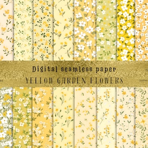 以下が含まれることがあります： 明るい黄色の背景に、黄色の庭の花が描かれた、12種類のデジタルシームレスペーパーパターンセット。パターンは30.48cm×30.48cmで、JPGファイルとしてすぐにダウンロードできます。