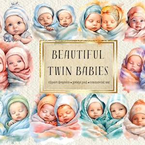 Aquarell Zwilling Neugeborene Baby Clipart Set | DIY Basteln, Kommerzielle Nutzung | 10 Cliparts + Bonus Überraschung Cliparts, Scrapbook, Junk Journal