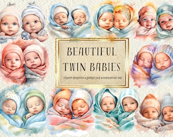 Watercolor Twin Newborn Baby Clipart Set | DIY Crafting, Commercial Use | 10 Cliparts + Bonus Surprise Clipart, Scrapbook, Junk Journal