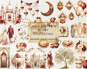 Red & Cream Islamic Clipart: Elegant PNG Illustrations (Digital Download)