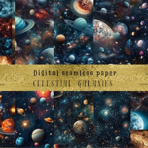 Puede incluir: Un patrón de papel digital sin costuras con un tema de galaxia celestial con planetas, estrellas y nebulosas en tonos de azul, naranja y rojo. El patrón mide 30,48 cm por 30,48 cm y está disponible para descarga digital instantánea.