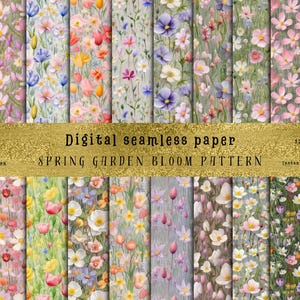 May include: A digital paper pack featuring 12 seamless patterns of spring garden blooms in various colours, including pink, purple, yellow, and white. The patterns are 12 inches by 12 inches and are available for instant digital download.
