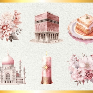 Puede incluir: Una ilustraci&oacute;n de acuarela de s&iacute;mbolos religiosos isl&aacute;micos, que incluyen una mezquita, una vela, un arreglo floral y un plato de baklava. La ilustraci&oacute;n est&aacute; hecha en tonos de rosa y blanco.