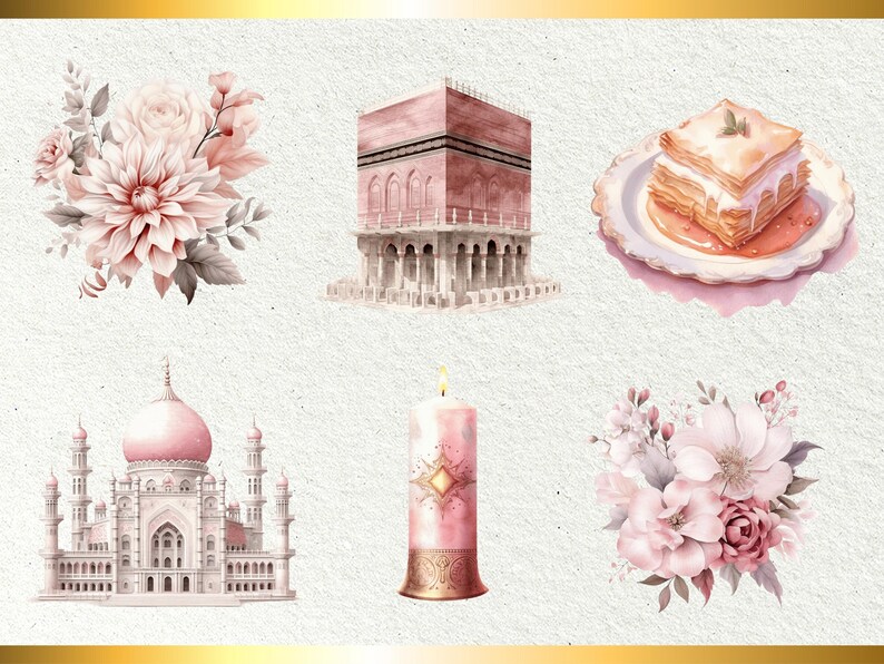 Puede incluir: Una ilustraci&oacute;n de acuarela de s&iacute;mbolos religiosos isl&aacute;micos, que incluyen una mezquita, una vela, un arreglo floral y un plato de baklava. La ilustraci&oacute;n est&aacute; hecha en tonos de rosa y blanco.