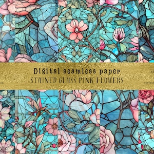 Könnte beinhalten: Ein digitales nahtloses Papiermuster mit rosa Blumen im Bleiglas-Stil. Das Muster ist auf einem blauen Hintergrund und perfekt für Bastelprojekte.