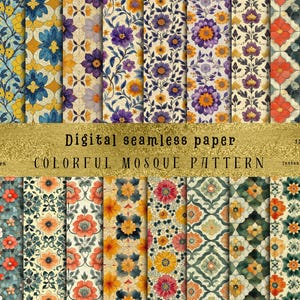 Peut inclure: Un ensemble de 12 papiers numériques sans couture avec des motifs de mosquées colorés. Les motifs sont dans une variété de couleurs, y compris le bleu, le vert, le rouge, le jaune et l'orange. Les motifs mesurent 30,48 cm sur 30,48 cm et sont disponibles en téléchargement numérique instantané.