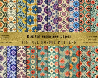 May include: A set of 12 digital seamless paper patterns featuring vintage mosque designs. The patterns are in a variety of colors, including blue, green, red, and yellow. Each pattern is 12 inches by 12 inches and is available as a JPG file.