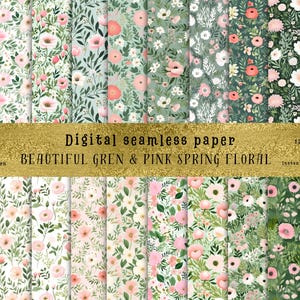 May include: A set of 12 digital seamless patterns featuring pink and green floral designs. The patterns are 12 inches by 12 inches and are available for instant download.