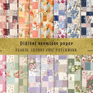 Op de afbeelding: Een set van 16 digitale naadloze papierpatronen met bloemen shabby chic patchwork-ontwerpen in verschillende kleuren, waaronder roze, blauw, groen en paars. Elk patroon is 30,48 cm bij 30,48 cm en is beschikbaar voor directe digitale download.