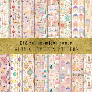 Può includere: Un set di 12 motivi digitali senza cuciture con design islamici del Ramadan. I motivi includono dettagli intricati di moschee, lanterne e motivi floreali in uno schema di colori rosa e oro. I motivi misurano 30,48 cm per 30,48 cm e sono disponibili per il download digitale istantaneo.