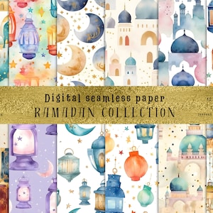 Può includere: Un set di 12 motivi di carta digitale senza cuciture con illustrazioni ad acquerello di moschee, lune crescenti, stelle e lanterne. I motivi sono perfetti per il Ramadan e le celebrazioni islamiche.