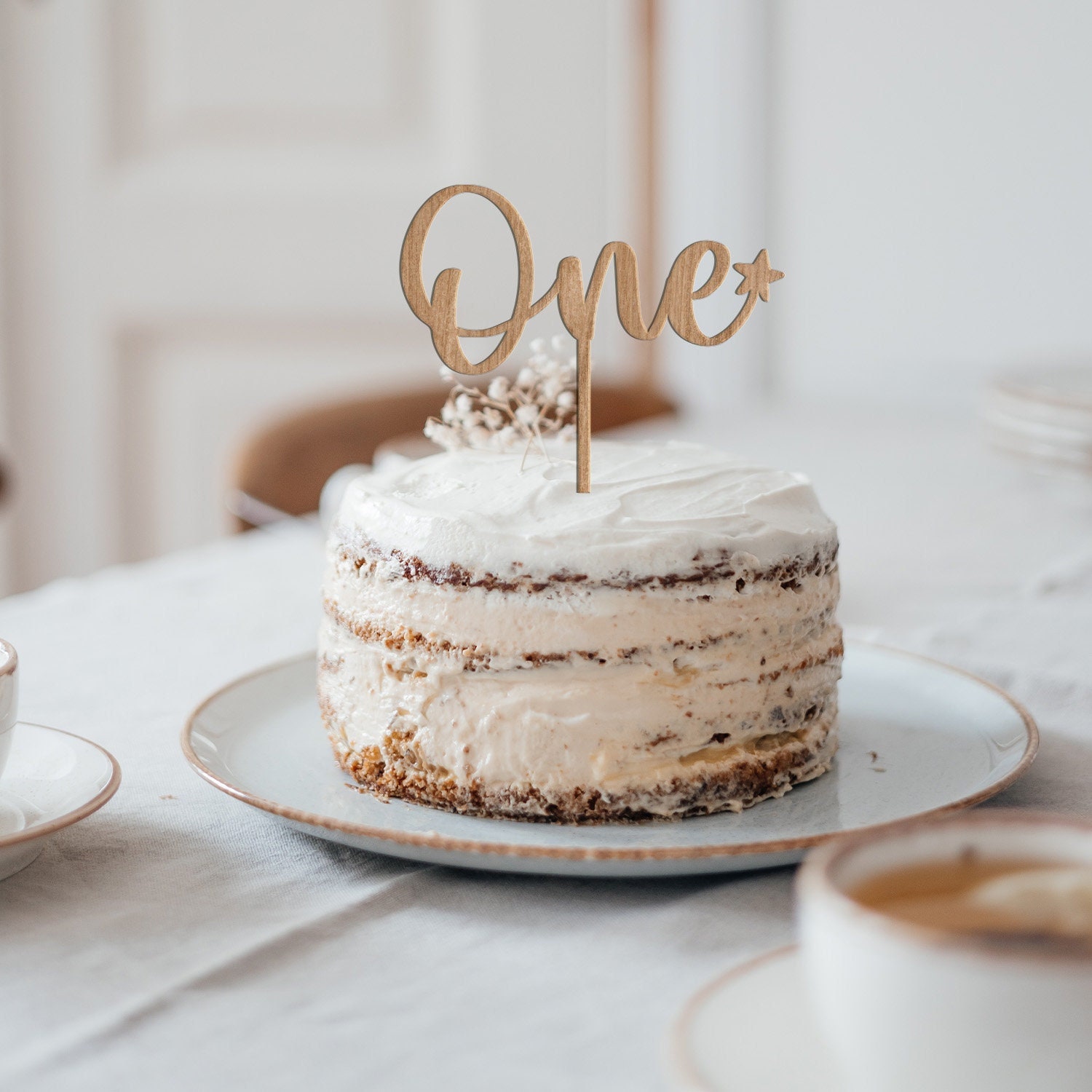 Wooden 'One' Cake Topper - First Birthday Party Decoration, Handmade Smash Cake Prop (4.7"x5.8") - View #2