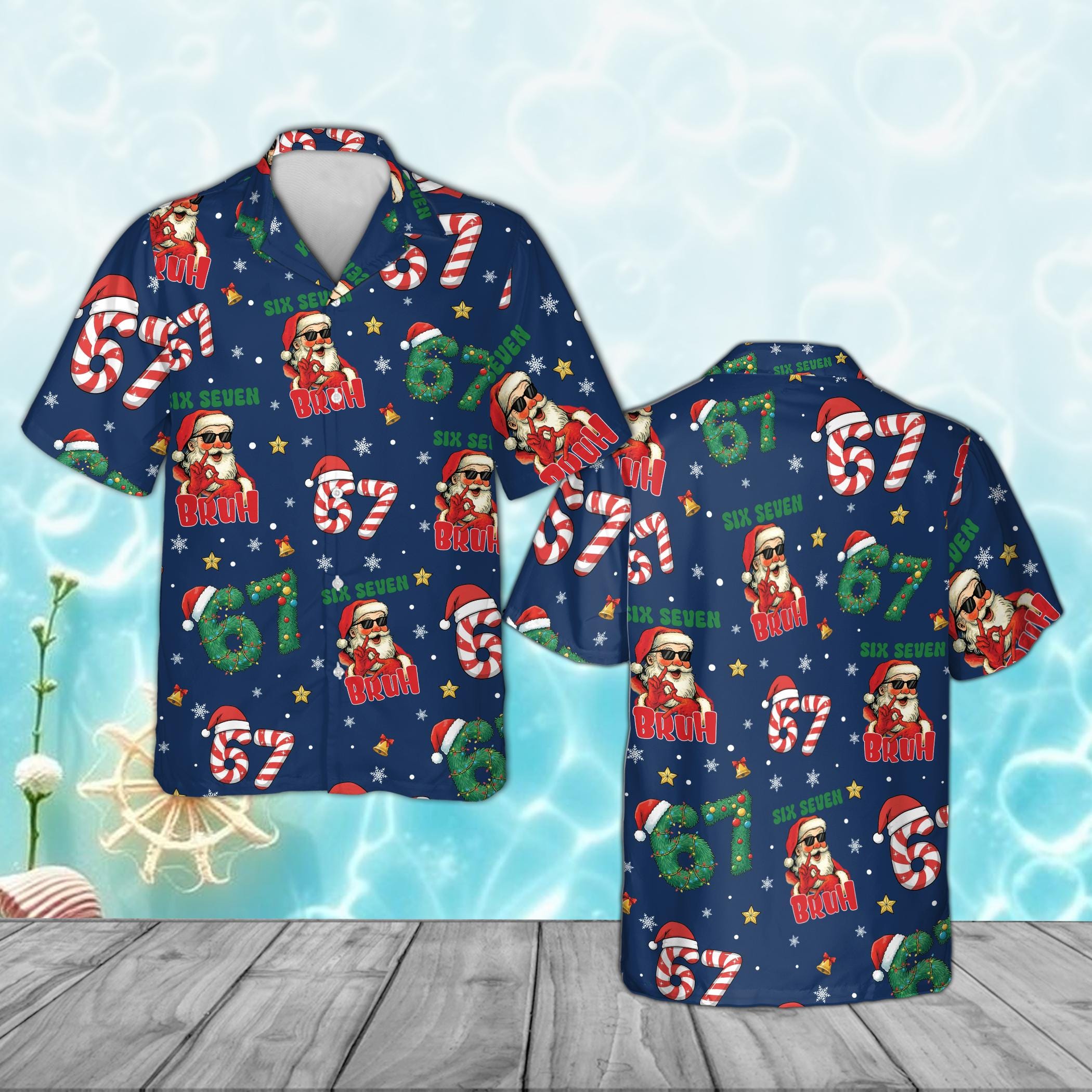 Discover Funny Santa Six Seven Bruh Hawaiian Shirt, 6 7 Bruh Meme Aloha Shirt, Candy Cane Holiday Joke Gift for Him, Button Up Short Sleeve