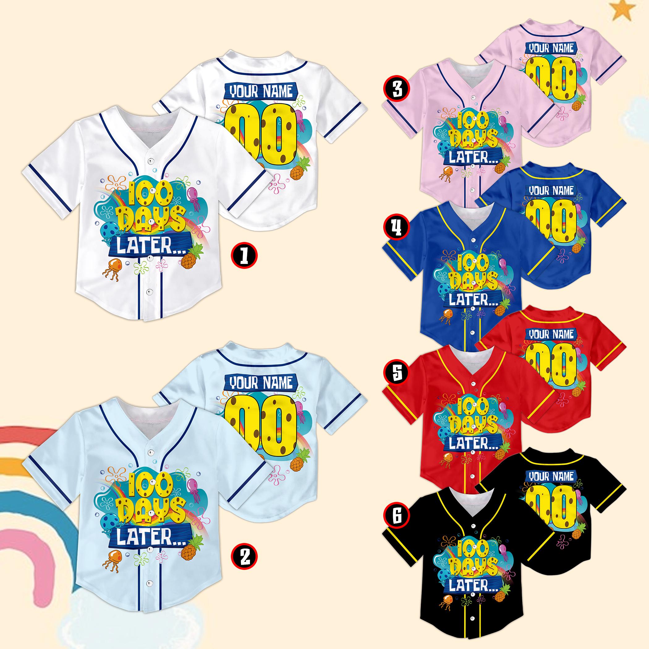 Discover Personalized 100 Days of School Baseball Jersey, Custom Name Cute Sponge Style Shirt, Teacher Student 100th Day Outfit, Kids Team Outfit