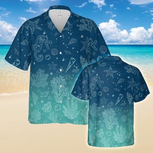 Beach Hawaiian Shirt for Men, Summer Ocean Vacation Button Down with Coral, Starfish & Seashells, Fun Tropical Aloha Shirt for Travel