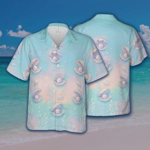 Pastel Pearl Seashell Hawaiian Shirt for Men, Ocean Beach Aesthetic Button Down Summer Vacation Shirt, Cute Coastal Aloha Top for Sea Lovers
