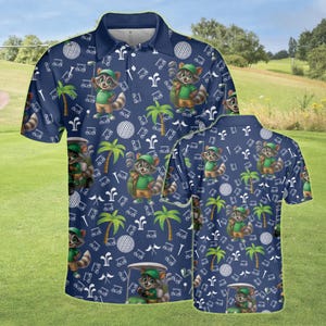 Polo de golf con estampado de mapache para hombre y mujer, con estampado de mapache, ideal como regalo para amantes del golf, atuendo único para el club.