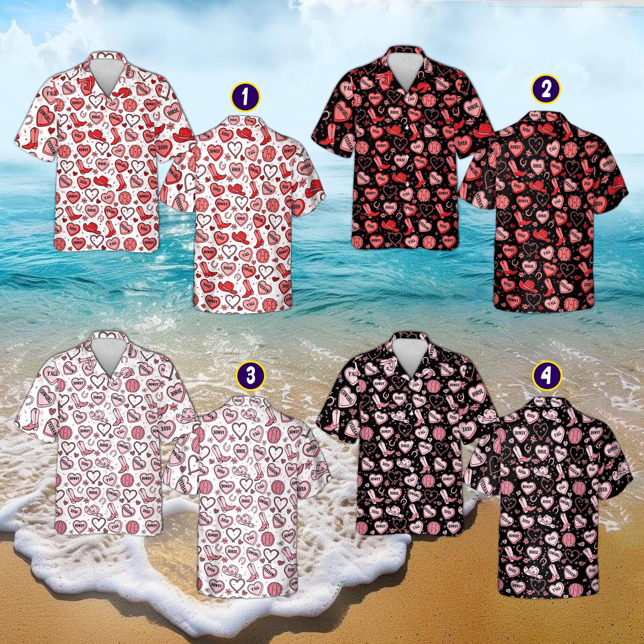 Discover Vintage Cowgirl Valentine Hawaiian Shirt, Retro Western Pink Hearts Aloha Shirt, Howdy Yeehaw Valentine Day Gift for Women, Country Girl Top