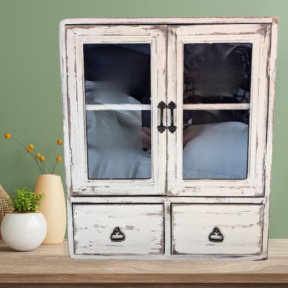 Vintage rustic handmade White Rustic Spice Rack: Tea Cupboard, Floating Shelf with drawers
