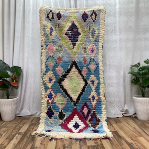 Antique Moroccan Runner Rug, Moroccan Vintage Rugs, Blue Berber Rug, Old Boucherouite Rug, Moroccan Rug Runner Boho, Woven Handknotted Rug