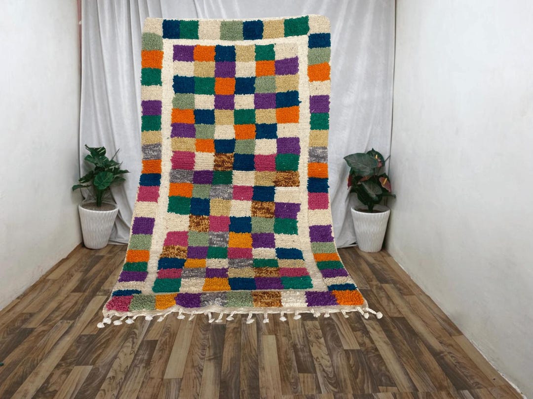 Checkerboard Moroccan Rug: Large Colorful Area Rugs (8x10 & 6x9 Sizes ...
