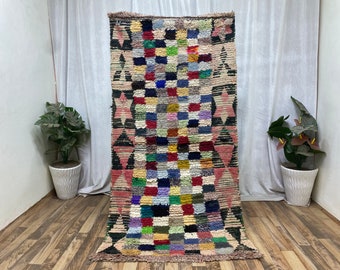 Colorful Checkered Runner Rug, Berber Checker Rug, Vintage Rug Runner, Moroccan Rug Runner, Checker Boho Rug, Azilal Rug, Bohemian Carpet