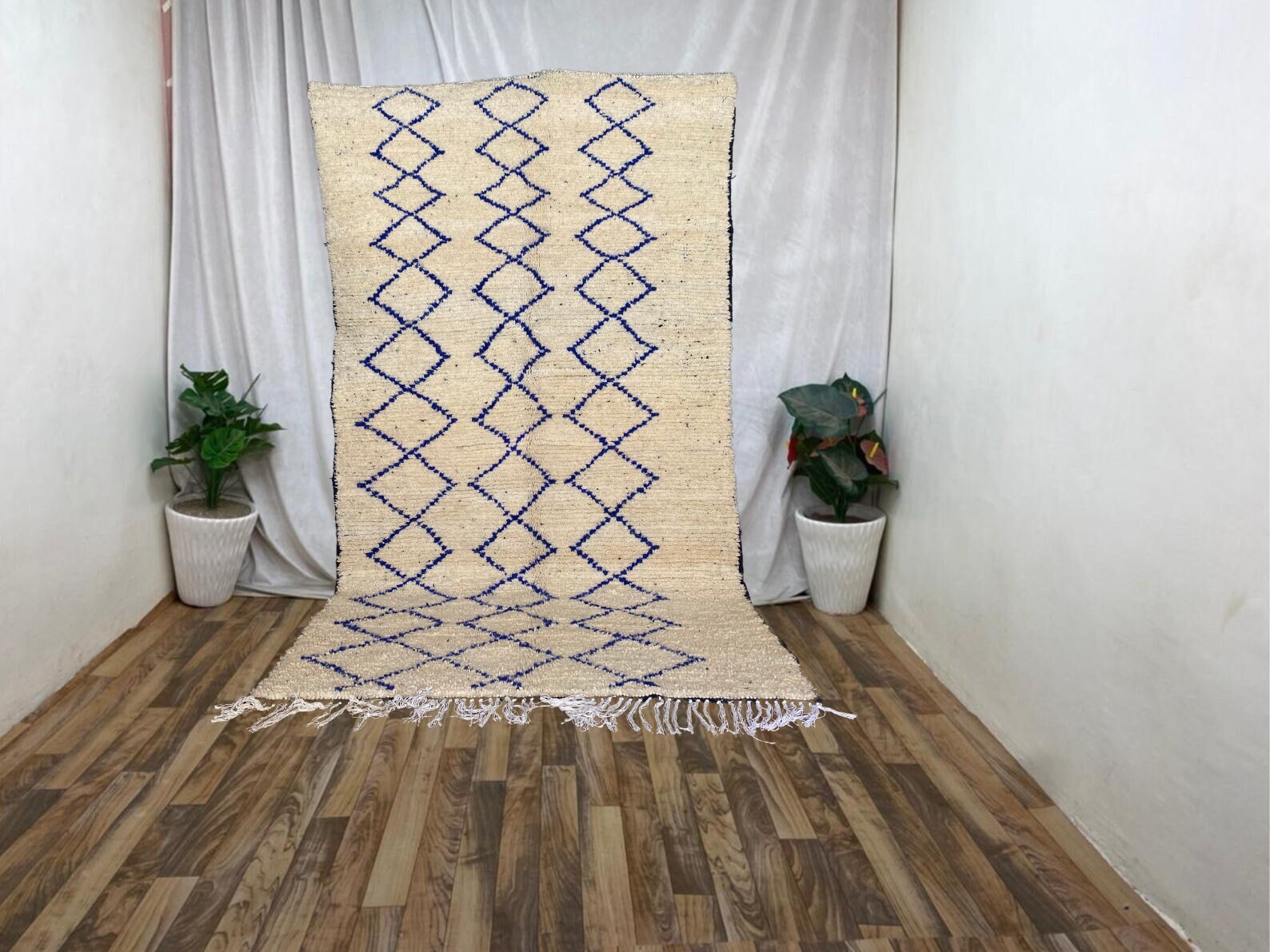 Moroccan Beni Ourain Rug, Wool, off White With Blue (9x12 Ft) - Etsy
