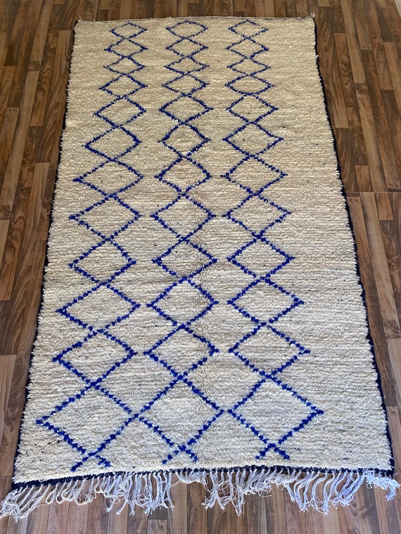 Moroccan Beni Ourain Rug, Wool, off White With Blue (9x12 Ft) - Etsy