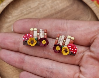 Handmade Clay Book Stud Earrings: Mushroom Bookshelf Jewelry