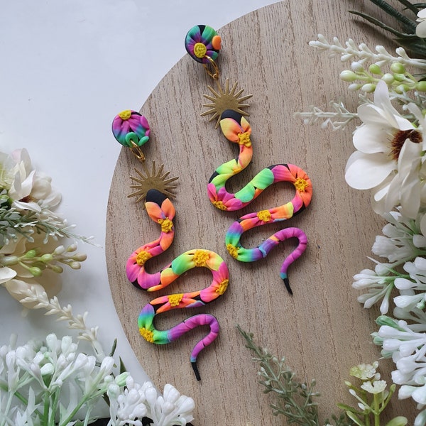 Neon daisy snake earrings - flower earrings - handmade clay earrings -