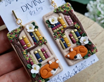 Cottage Core Clay Bookshelf Earrings: Fox & Miniature Books