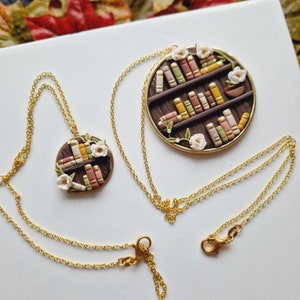 Handcrafted Clay Bookcase Necklace: Floral Gold Plated Bezel
