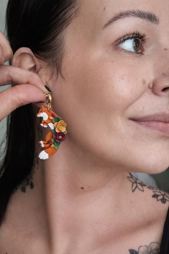 Fox Cottagecore Earrings: Handmade Clay Woodland Jewelry