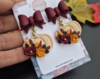Floral Pumpkin Clay Dangle Earrings: Boho Fall Jewelry