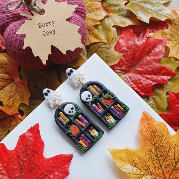 spooky Halloween Book Earrings - book lover gifts - quirky earrings  - bookshelf earrings - book club gifts