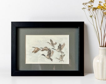 Wild Geese Watercolor Art in Frame, Minimalist Wall Art for Gallery Wall, Small Wall Decor for Eclectic Living Room, Elegant Gift for him