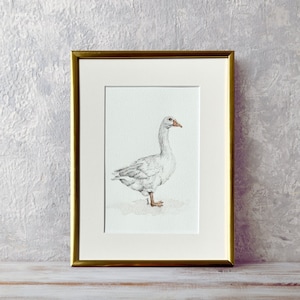 Goose original watercolor painting, vintage style artwork for cottage house, framed wall art for baby nursery, child&#39;s room decor