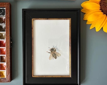 Realistic Watercolor Painting of a Bee, Minimalist Insect Artwork in a Vintage Style Frame, Modern Art Deco, Retro Home Decor for her