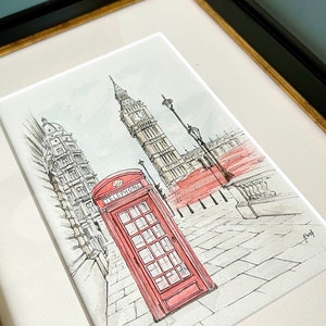 Close-up of Big Ben and London’s red telephone booth watercolor poster in art deco frame