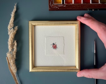 Vintage Style Ladybug Painting, Miniature Art for Gallery Wall, Retro Home Decor for Farmhouse Kitchen, Minimalist Gift, Small Framed Art