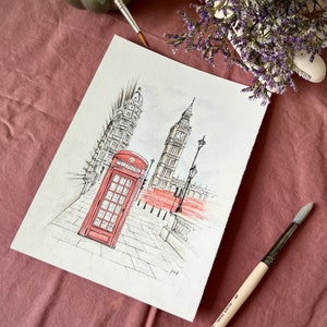 London street scene with red phone booth, unique wall art print for contemporary interiors