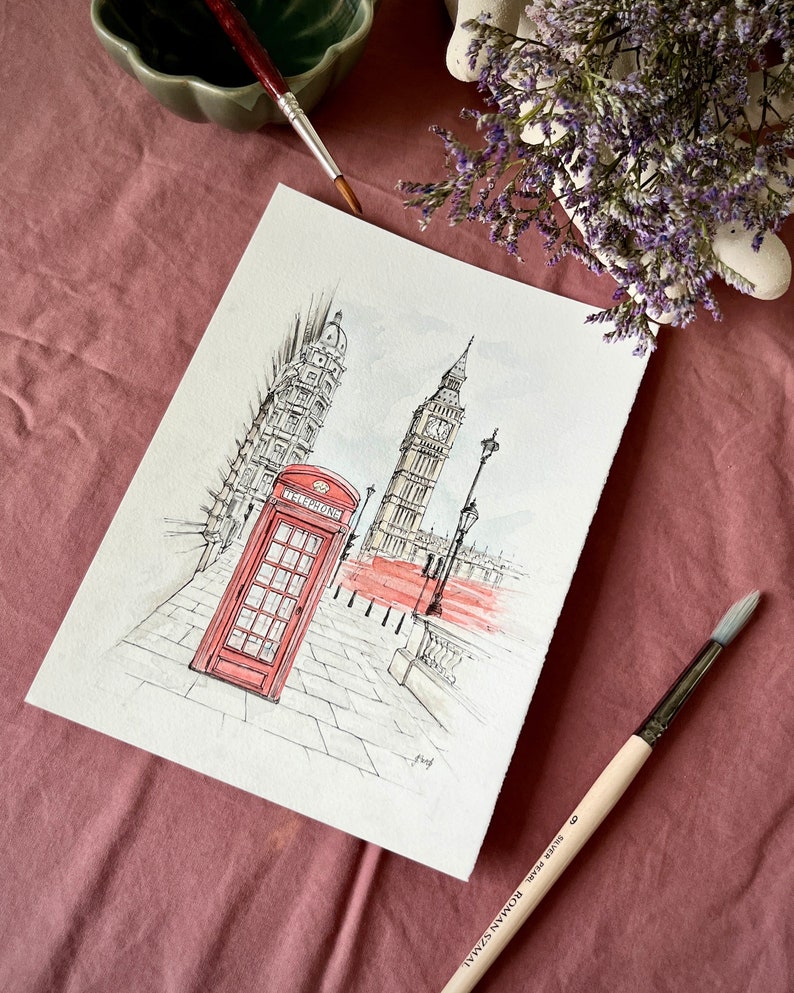 London street scene with red phone booth, unique wall art print for contemporary interiors