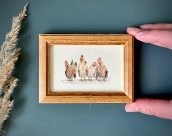 Tiny Painting of Chickens, Framed Miniature Art for Farmhouse Kitchen, Retro Home Decor, Minimalist Gift for Nature Lover