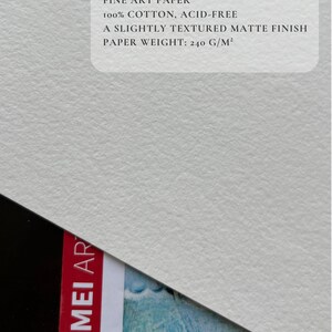 High quality 100% cotton fine art paper, slightly textured matte finished like watercolor paper.